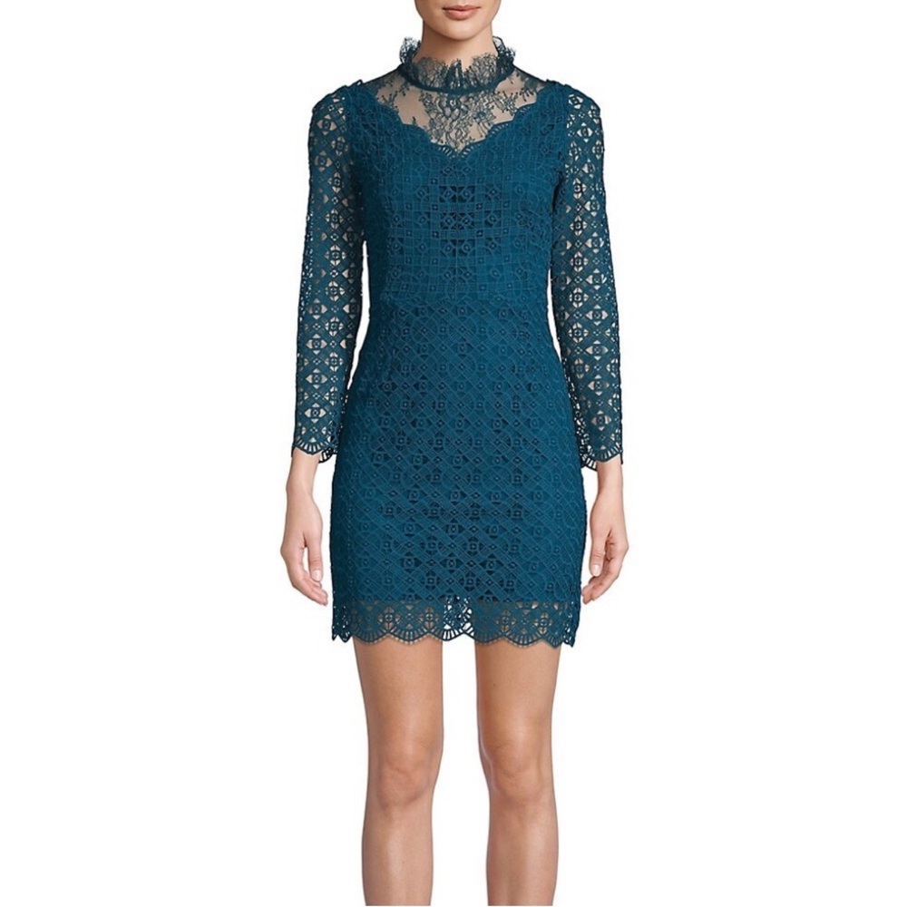 SANDRO BARTSIE TEAL LACE SHEER LONG SLEEVE MIDI DRESS - Picture 15 of 17
